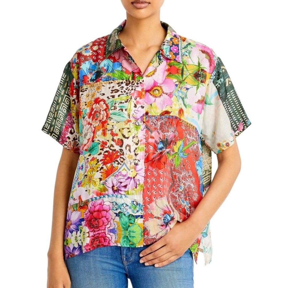 Johnny Was Aero Jules Boho Silk Patchwork Button Up Shirt Size M Floral Resort